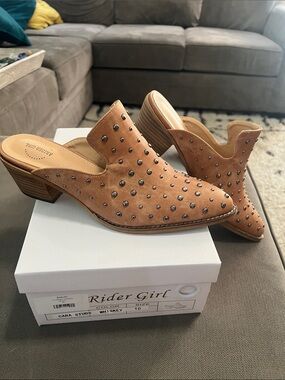 Arider Girl Studded Tan Mule Heels - Women